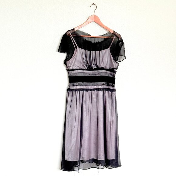 Vintage Y2K Dark Coquette 100% Silk Sheer Black & Pink Milkmaid Dress Size M - Picture 13 of 17